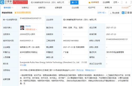 恒大瑞博新能源汽車(chē)公司成立 注冊(cè)資本20億，聚焦科技信息咨詢服務(wù)